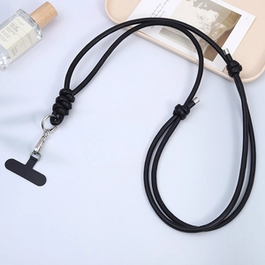 Adjustable black braided phone lanyard with silver metal hooks and phone patch insert