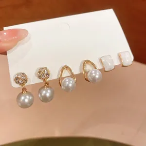 Artificial Pearl Stud Earrings With Silver Earring Post Alloy Rhinestone Enamel Retro French Style Vintage Elegant Women Jewelry