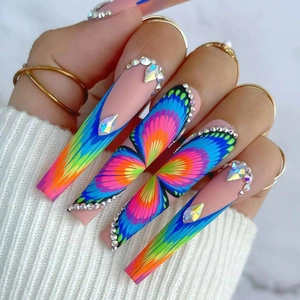 Butterfly Rainbow Gradient Press On Nails Long Coffin Inlaid Rhinestone False Nails For Women Fashion Manicure Decoration