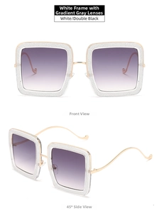 Detail of square sunglasses with glitter white frames and purple gradient lenses