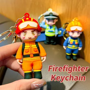 Cartoon firefighter and police officer keychains made of soft PVC with gold metal rings