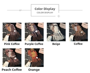 Close-up of multi-color plaid tassel scarves showing six stylish color variations