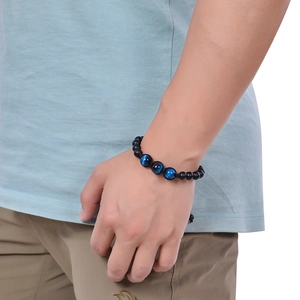 Adjustable men's beaded bracelet with matte black beads and blue tiger eye stones
