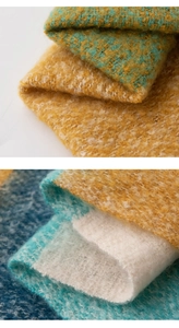 Macro detail of fluffy mohair plaid scarf in yellow, green and white knitted texture