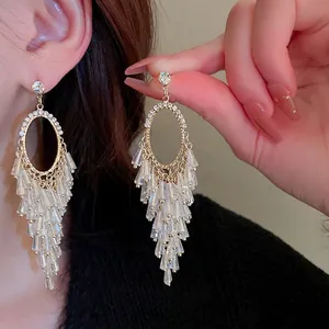 Long Tassel Chandelier Earrings With 925 Sterling Silver Earring Post Alloy Rhinestone Crystal Dangle For Women