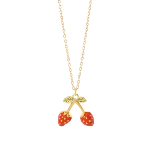 Elegant gold chain necklace with dual red strawberry pendants in enamel finish