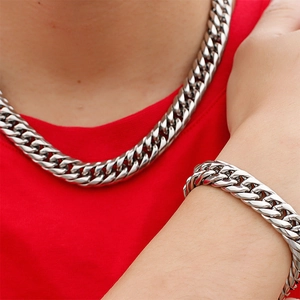 Ensemble collier et bracelet à grosse maille gourmette en acier poli pour hommes