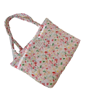 Quilted floral tote bag with pink tulip pattern and thick cotton padded shoulder straps