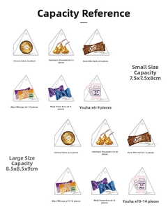 Size guide for purple triangle candy boxes showing capacity for chocolates and sweets