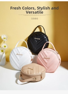 Detailed display of V-quilted round crossbody bags in white, black, pink, and beige colors