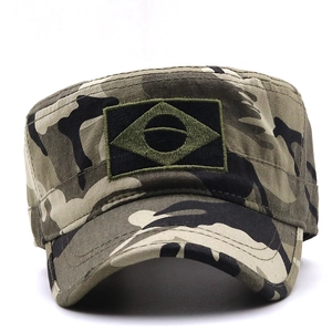 Detail of camouflage military cap with Brazilian flag embroidery and durable stitching