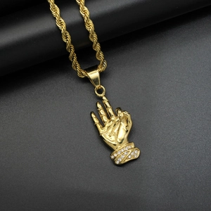Hip hop 18K gold plated stainless steel Shocker hand gesture pendant with clear crystals