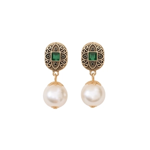 Vintage gold shield earrings with emerald center gem and large white round pearls