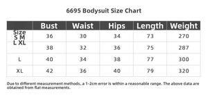 Detailed size chart for backless yoga bodysuit with chest and hip measurements