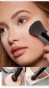 Detail of dual-ended makeup brush showing powder application and soft bristles on face