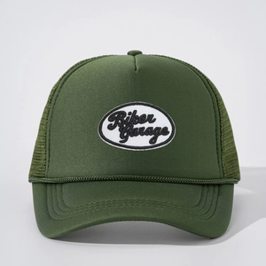 Army green mesh trucker hat with vintage Biker Garage patch and adjustable back strap