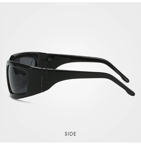Side view of black Y2K cyberpunk sports sunglasses with integrated frame and dark lenses