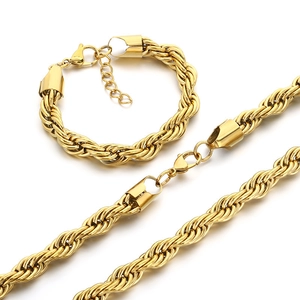 10mm gold-plated stainless steel twist rope chain necklace and bracelet jewelry set
