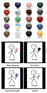 Detailed grid showing twenty types of 15mm heart-shaped natural crystal and agate stones