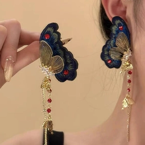 New Chinese Style Butterfly Embroidery Tassel Drop Earrings Gold Plated Rhinestone Inlaid Jewelry For Women Retro Gift