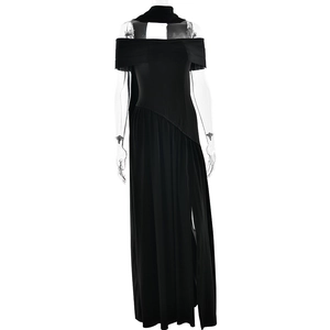 Detail view of black off-shoulder maxi dress featuring elegant high slit and flowing ribbons