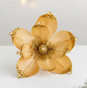 Macro detail of 20cm gold artificial magnolia flower with sequins for Christmas trees
