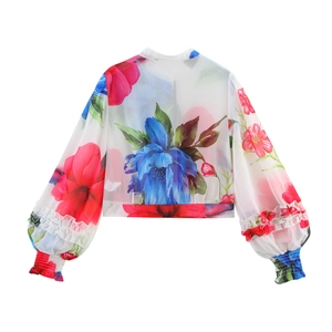 Lightweight floral chiffon blouse for women featuring lantern sleeves and floral patterns