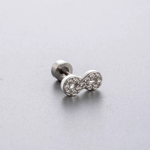 Polished silver infinity stud earring with sparkling white zircons and screw back detail