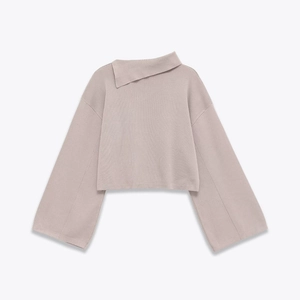 Women's light violet-gray knit sweater with asymmetrical neckline and long sleeves