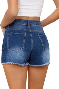 Detail view of denim shorts with frayed hem and rear pockets on a high-waisted model
