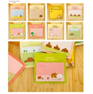 Detail view of 8 cute cartoon animal sticky notes featuring Kapibarasan and Molang designs