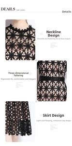 Détails d'une robe en dentelle noire brodée soluble dans l'eau avec motif floral