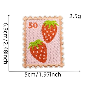 Detail of pink strawberry stamp embroidery patch with dimension marks 6.3cm x 5cm