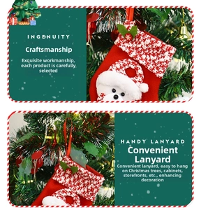 Detail of red plush bear Christmas stocking with a convenient lanyard for festive hanging