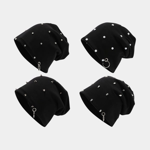 Punk Cotton Knit Beanie Hat With Metal Iron Rings And Rivets Hip Hop Streetwear Warm Gothic Skull Cap For Men Women