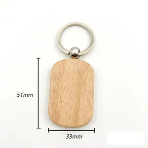 Detail of beech wood keychain showing 51mm x 33mm dimensions and 13g weight for DIY