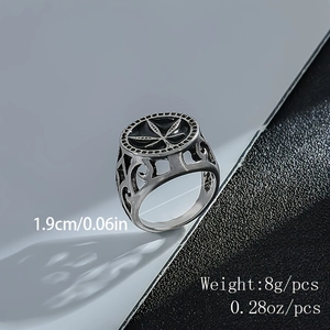 Vintage hollowed-out maple leaf ring with black enamel drip and silver alloy finish