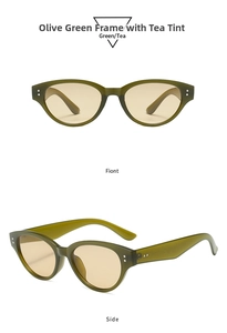 Detailed front and side views of olive green cat-eye sunglasses with tea lenses