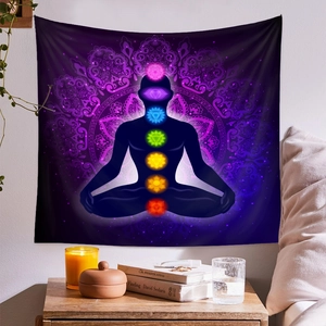 Detailed view of Seven Chakra tapestry with purple mandala pattern in a bedroom setting