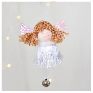 Detail of plush angel ornament featuring pink sequins wings and white tassel body