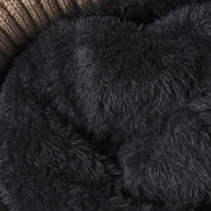 Winter thermal knit beanie featuring thick black faux fur lining and brown jacquard knit