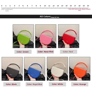 Detailed grid showing seven vibrant colors of minimalist saddle bags with metal handles