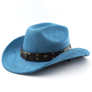 Detail of teal faux suede cowboy hat with brown leather rivet band and bull head emblem