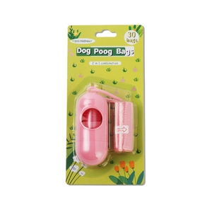 Pink dog waste bag dispenser in capsule shape with 30 eco-friendly bags and clip hook