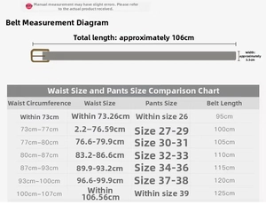 Detailed sizing guide showing punk leather belt total length 106cm and width 3.3cm dimensions