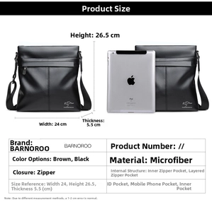 Size chart for large capacity business crossbody bag showing dimensions and iPad comparison