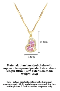 Detail view of pink zircon heart pendant with gold plated titanium steel chain necklace