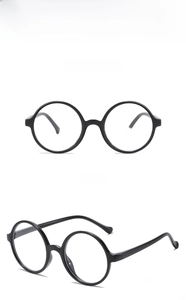Close-up of classic black round children's glasses frame with front and 45-degree views