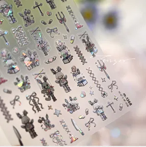 Macro detail of M1368 Gothic Lolita rabbit nail stickers with glitter laser finish