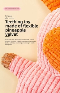 Close-up of flexible pineapple velvet texture on a pink plush dog molar chew toy